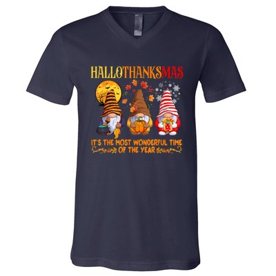 Happy Hallothanksmas Cute Gnomes Fall Halloween V-Neck T-Shirt