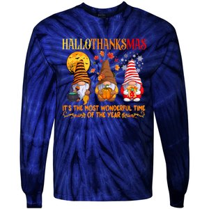 Happy Hallothanksmas Cute Gnomes Fall Halloween Tie-Dye Long Sleeve Shirt