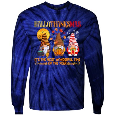 Happy Hallothanksmas Cute Gnomes Fall Halloween Tie-Dye Long Sleeve Shirt