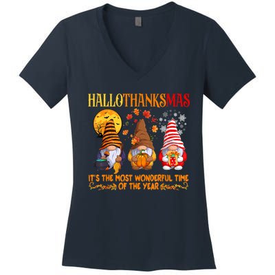 Happy Hallothanksmas Cute Gnomes Fall Halloween Women's V-Neck T-Shirt