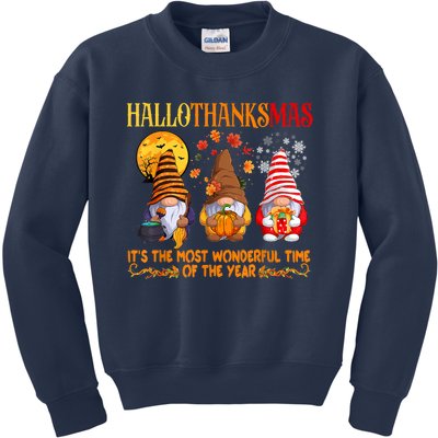 Happy Hallothanksmas Cute Gnomes Fall Halloween Kids Sweatshirt