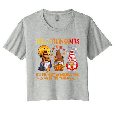 Happy Hallothanksmas Cute Gnomes Fall Halloween Women's Crop Top Tee