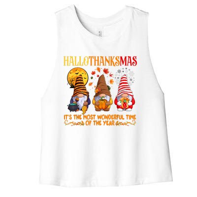 Happy Hallothanksmas Cute Gnomes Fall Halloween Women's Racerback Cropped Tank