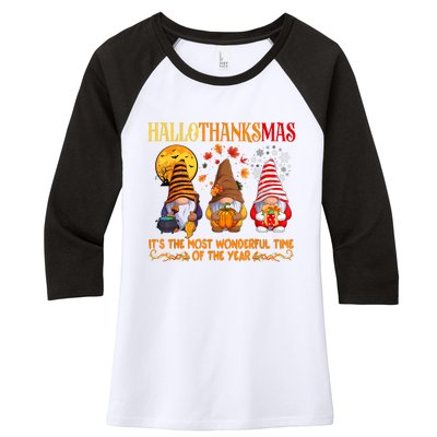 Happy Hallothanksmas Cute Gnomes Fall Halloween Women's Tri-Blend 3/4-Sleeve Raglan Shirt