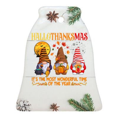 Happy Hallothanksmas Cute Gnomes Fall Halloween Ceramic Bell Ornament