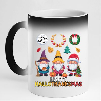 Happy Hallothanksmas Christmas Thanksgiving Gnomes Halloween Gift 11oz Black Color Changing Mug