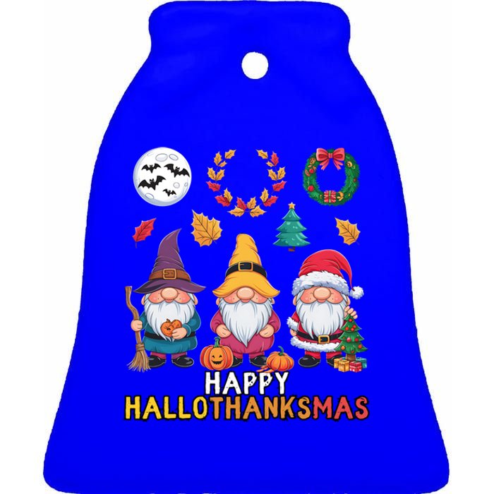 Happy Hallothanksmas Christmas Thanksgiving Gnomes Halloween Gift Ceramic Bell Ornament