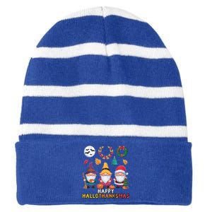 Happy Hallothanksmas Christmas Thanksgiving Gnomes Halloween Gift Striped Beanie with Solid Band