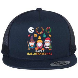 Happy Hallothanksmas Christmas Thanksgiving Gnomes Halloween Gift Flat Bill Trucker Hat