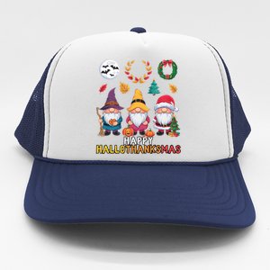 Happy Hallothanksmas Christmas Thanksgiving Gnomes Halloween Gift Trucker Hat