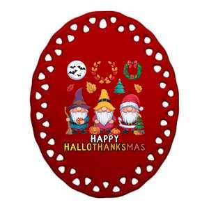 Happy Hallothanksmas Christmas Thanksgiving Gnomes Halloween Gift Ceramic Oval Ornament