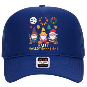 Happy Hallothanksmas Christmas Thanksgiving Gnomes Halloween Gift High Crown Mesh Back Trucker Hat