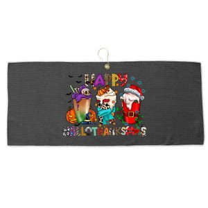 Happy Hallothanksmas Coffee Halloween Thanksgiving Christmas Great Gift Large Microfiber Waffle Golf Towel