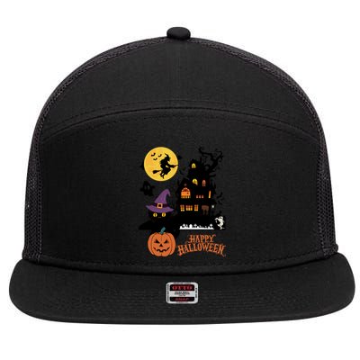 Haunted House Cat In Witch Hat And Mummy In Graveyard Gift 7 Panel Mesh Trucker Snapback Hat