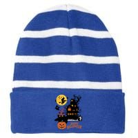 Haunted House Cat In Witch Hat And Mummy In Graveyard Gift Striped Beanie with Solid Band