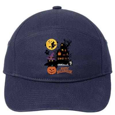 Haunted House Cat In Witch Hat And Mummy In Graveyard Gift 7-Panel Snapback Hat