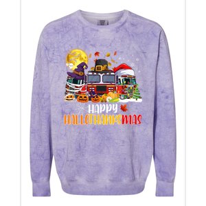 Happy Hallothanksmas Cute Fire Truck Funny Firefighter Gift Colorblast Crewneck Sweatshirt