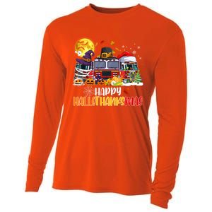 Happy Hallothanksmas Cute Fire Truck Funny Firefighter Gift Cooling Performance Long Sleeve Crew