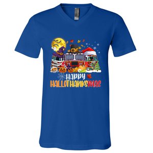 Happy Hallothanksmas Cute Fire Truck Funny Firefighter Gift V-Neck T-Shirt