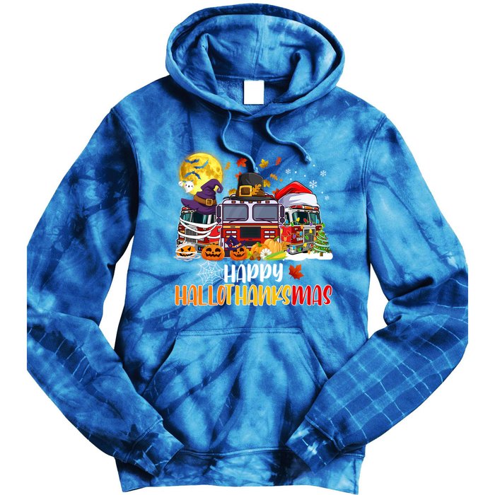 Happy Hallothanksmas Cute Fire Truck Funny Firefighter Gift Tie Dye Hoodie