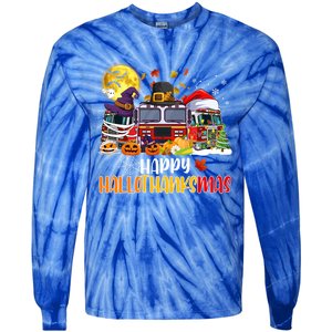 Happy Hallothanksmas Cute Fire Truck Funny Firefighter Gift Tie-Dye Long Sleeve Shirt