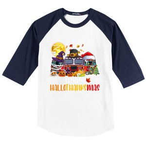 Happy Hallothanksmas Cute Fire Truck Funny Firefighter Gift Baseball Sleeve Shirt