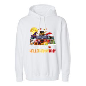 Happy Hallothanksmas Cute Fire Truck Funny Firefighter Gift Garment-Dyed Fleece Hoodie