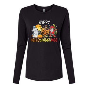 Happy Hallothanksmas Coffee Latte Halloween Thanksgiving Womens Cotton Relaxed Long Sleeve T-Shirt