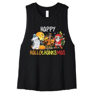 Happy Hallothanksmas Coffee Latte Halloween Thanksgiving Women's Racerback Cropped Tank