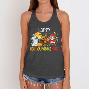 Happy Hallothanksmas Coffee Latte Halloween Thanksgiving Women's Knotted Racerback Tank