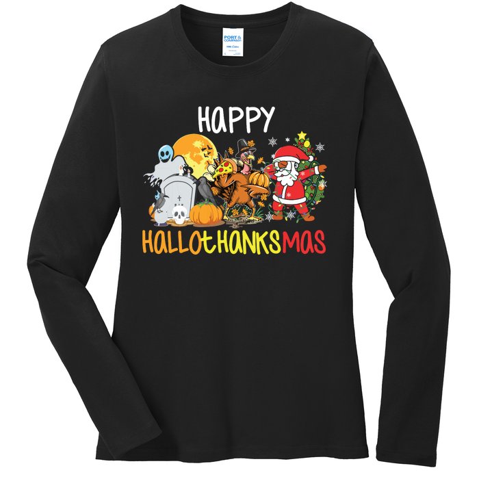 Happy Hallothanksmas Coffee Latte Halloween Thanksgiving Ladies Long Sleeve Shirt