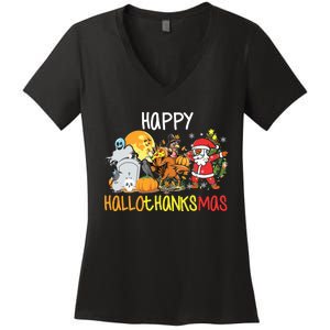 Happy Hallothanksmas Coffee Latte Halloween Thanksgiving Women's V-Neck T-Shirt