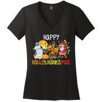 Happy Hallothanksmas Coffee Latte Halloween Thanksgiving Women's V-Neck T-Shirt