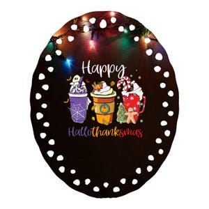 Happy Hallothanksmas Coffee Latte Halloween Thanksgiving Ceramic Oval Ornament