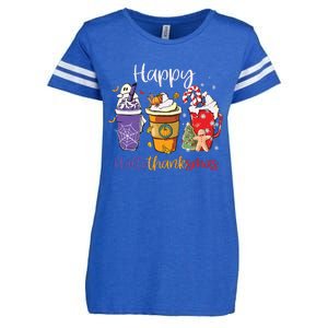 Happy Hallothanksmas Coffee Latte Halloween Thanksgiving Enza Ladies Jersey Football T-Shirt