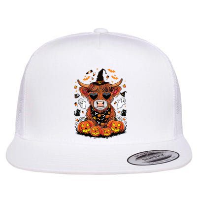 Halloween Highland Cow Farm Western Ghost Cow Witchy Pumpkin Flat Bill Trucker Hat