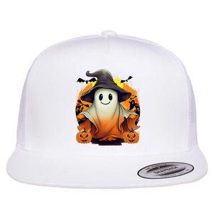 HAPPY HALLOWEEN Cute Halloween Ghost Bat & Halloween Pumpkin Flat Bill Trucker Hat