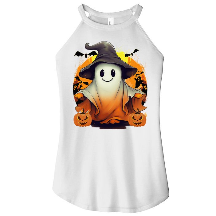 HAPPY HALLOWEEN Cute Halloween Ghost Bat & Halloween Pumpkin Women's Perfect Tri Rocker Tank