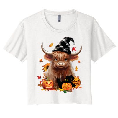 Halloween Highland Cow Witchy Cow Spooky Pumpkin Hello Fall Women's Crop Top Tee