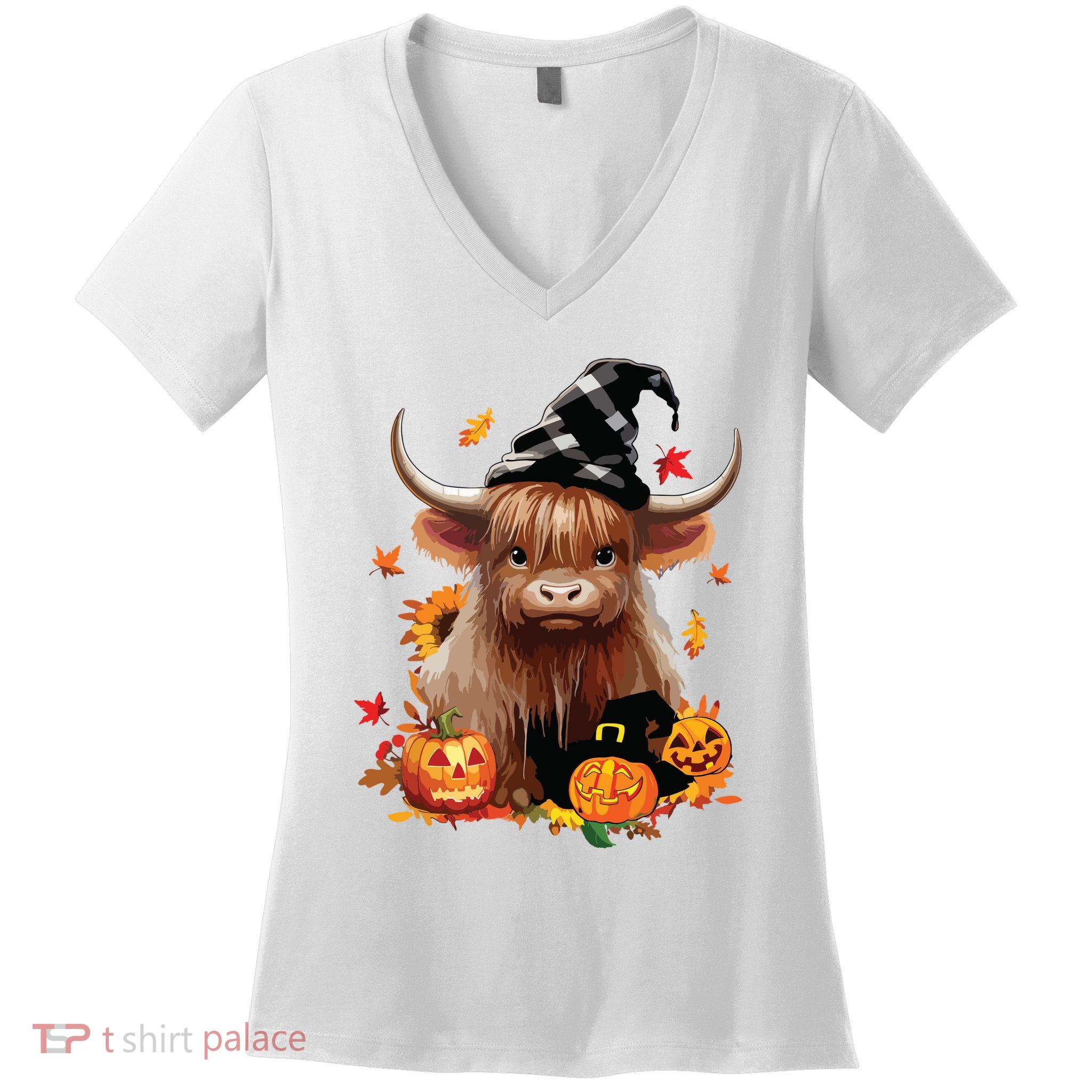 Halloween Highland Cow Witchy Cow Spooky Pumpkin Hello Fall Women's V-Neck T-Shirt