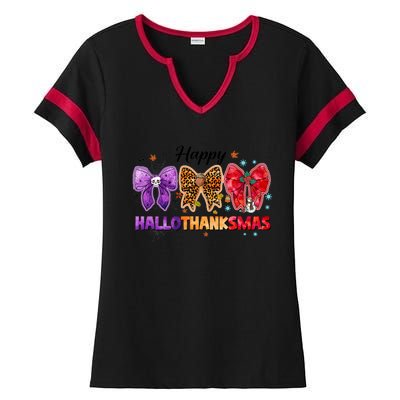 Happy Hallothanksmas Coquette Bow Halloween Thanksgiving Christmas Ladies Halftime Notch Neck Tee