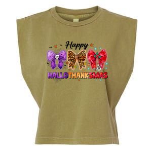 Happy Hallothanksmas Coquette Bow Halloween Thanksgiving Christmas Garment-Dyed Women's Muscle Tee