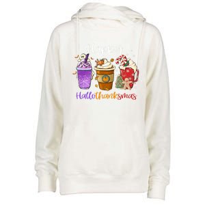 Happy Hallothanksmas Coffee Latte Halloween Thanksgiving Meaningful Gift Womens Funnel Neck Pullover Hood