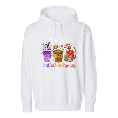 Happy Hallothanksmas Coffee Latte Halloween Thanksgiving Meaningful Gift Garment-Dyed Fleece Hoodie