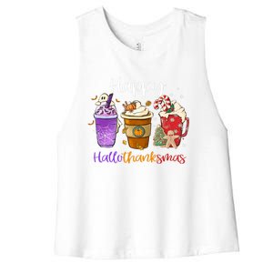 Happy Hallothanksmas Coffee Latte Halloween Thanksgiving Meaningful Gift Women's Racerback Cropped Tank