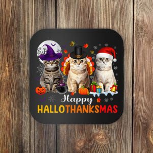 Happy Hallothanksmas Cats Halloween Thanksgiving Christmas Gift Coaster