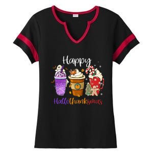 Happy Hallothanksmas Coffee Latte Halloween Thanksgiving Ladies Halftime Notch Neck Tee