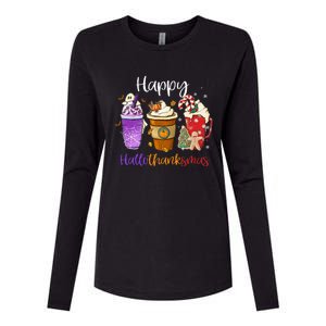 Happy Hallothanksmas Coffee Latte Halloween Thanksgiving Womens Cotton Relaxed Long Sleeve T-Shirt