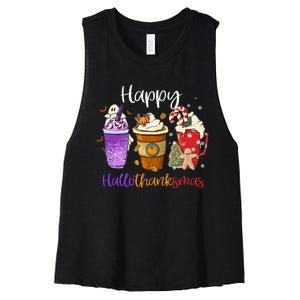 Happy Hallothanksmas Coffee Latte Halloween Thanksgiving Women's Racerback Cropped Tank