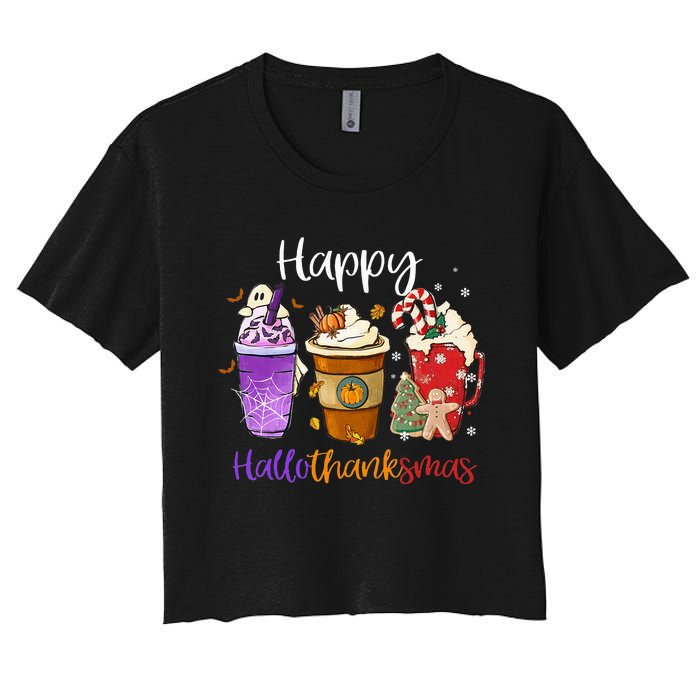 Happy Hallothanksmas Coffee Latte Halloween Thanksgiving Women's Crop Top Tee